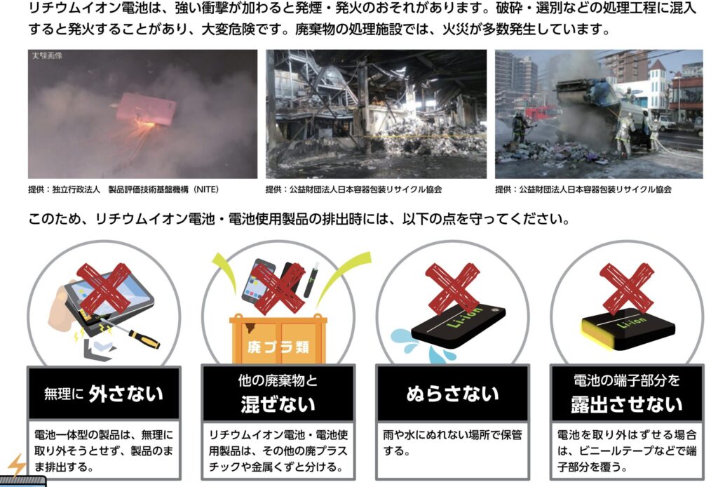熱さと衝撃に注意!リチウムイオン電池の発火を防ぐには:引用 環境省